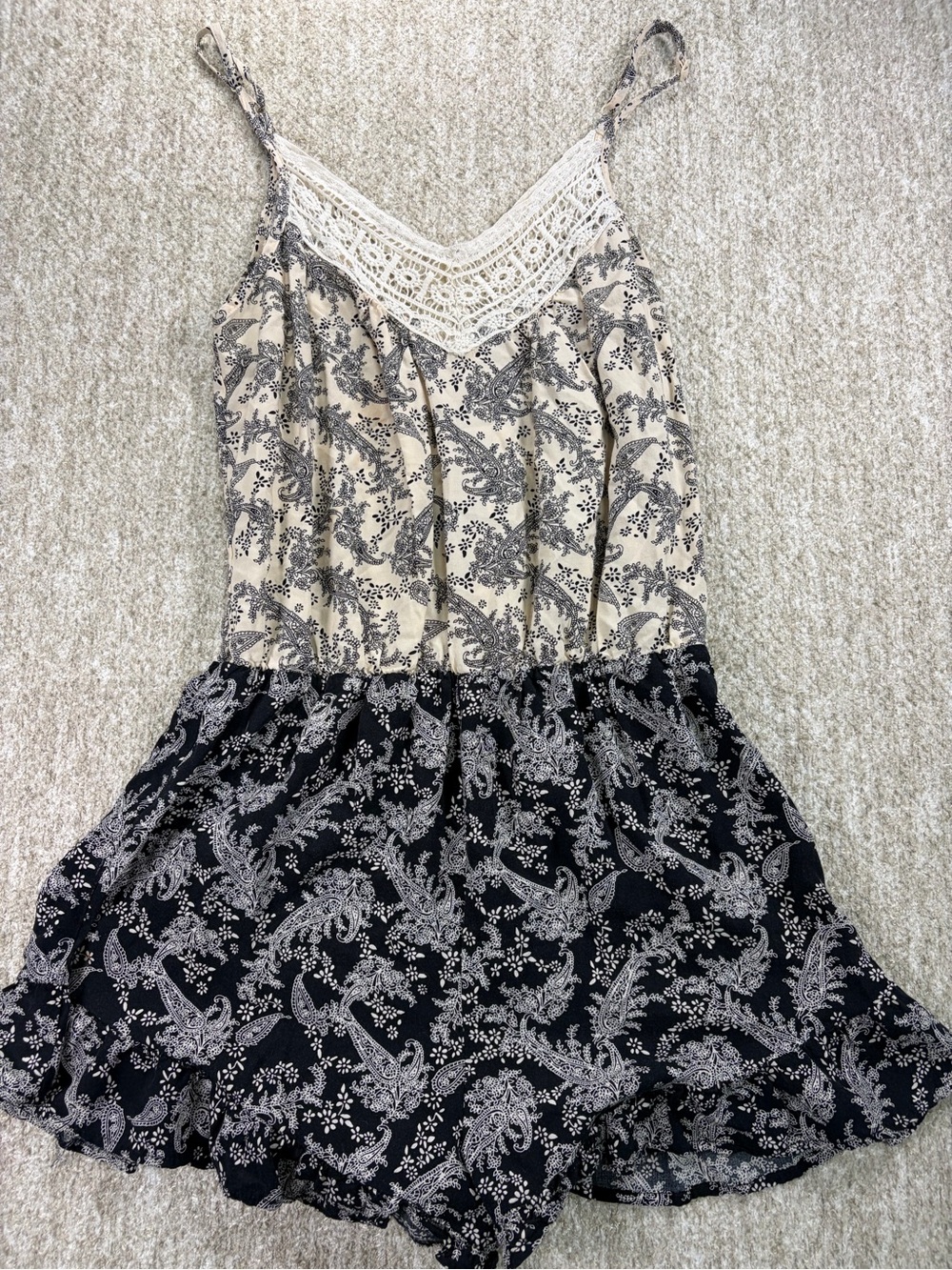 En Creme Cream and Black Paisley Lace-Trim Romper